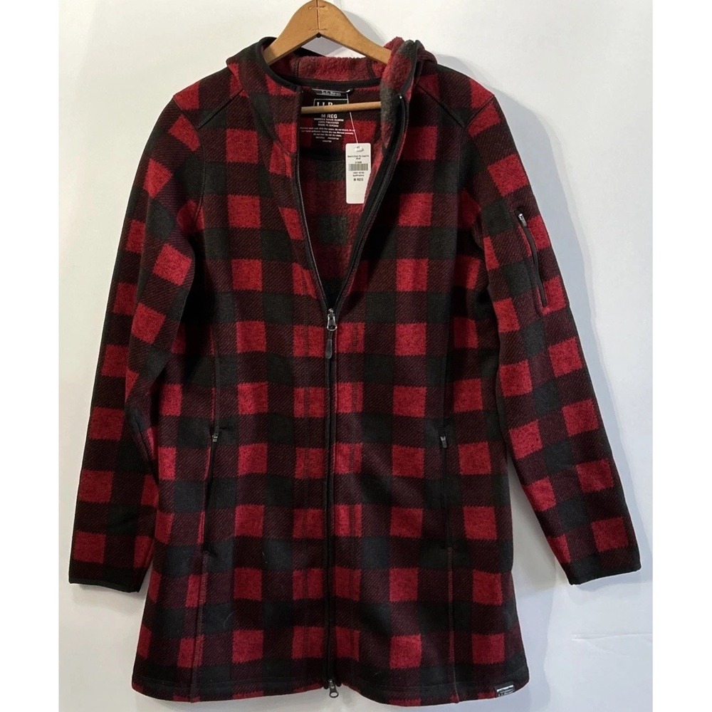 NWT LL Bean Women's Buffalo Check Full Zip Hooded Long Sweater Jacket Med